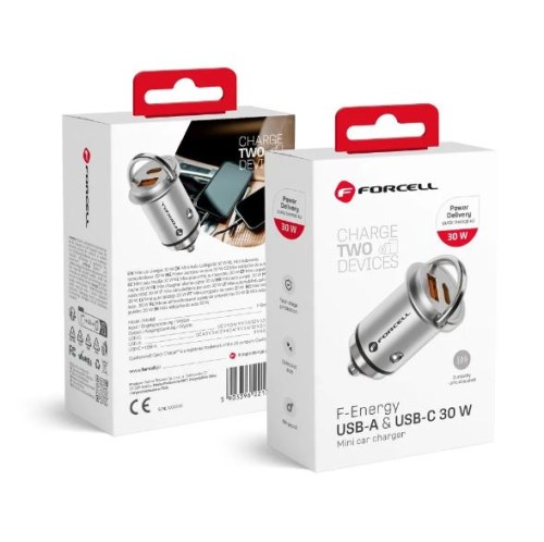 Carregador de carro FORCELL F-Energy Mini Tipo-C 30W + USB-A QC3.0